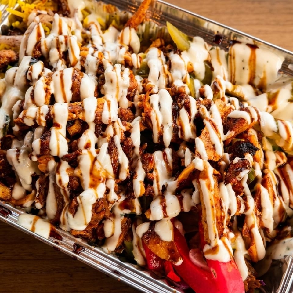 Chicken shawarma platter with white sauce and dark drizzle, served in a foil container.