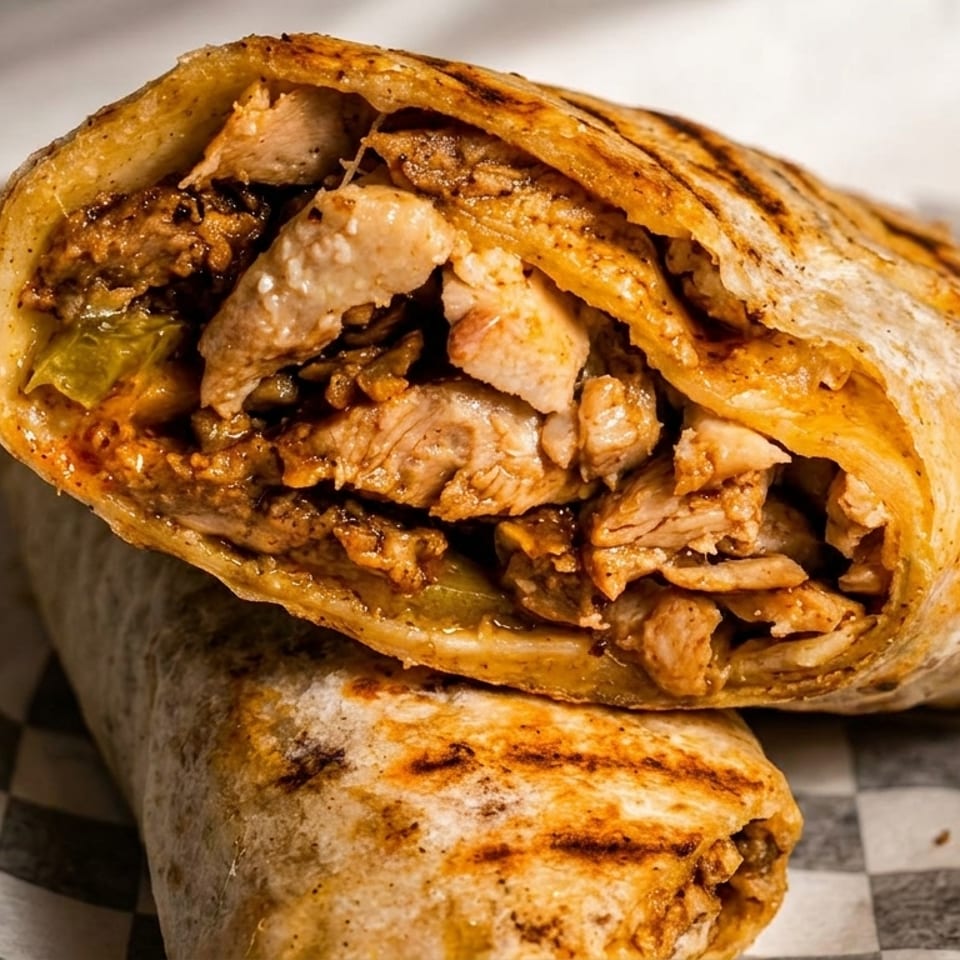 Grilled chicken shawarma wrap, cut in half, revealing succulent meat and pickles on checkered paper.
