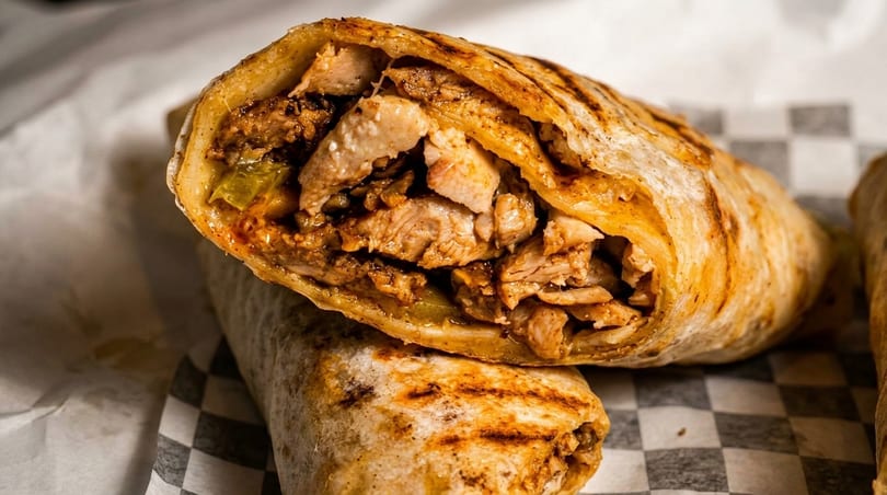 Grilled chicken shawarma wrap, cut in half, revealing succulent chicken and pickles on checkered paper.