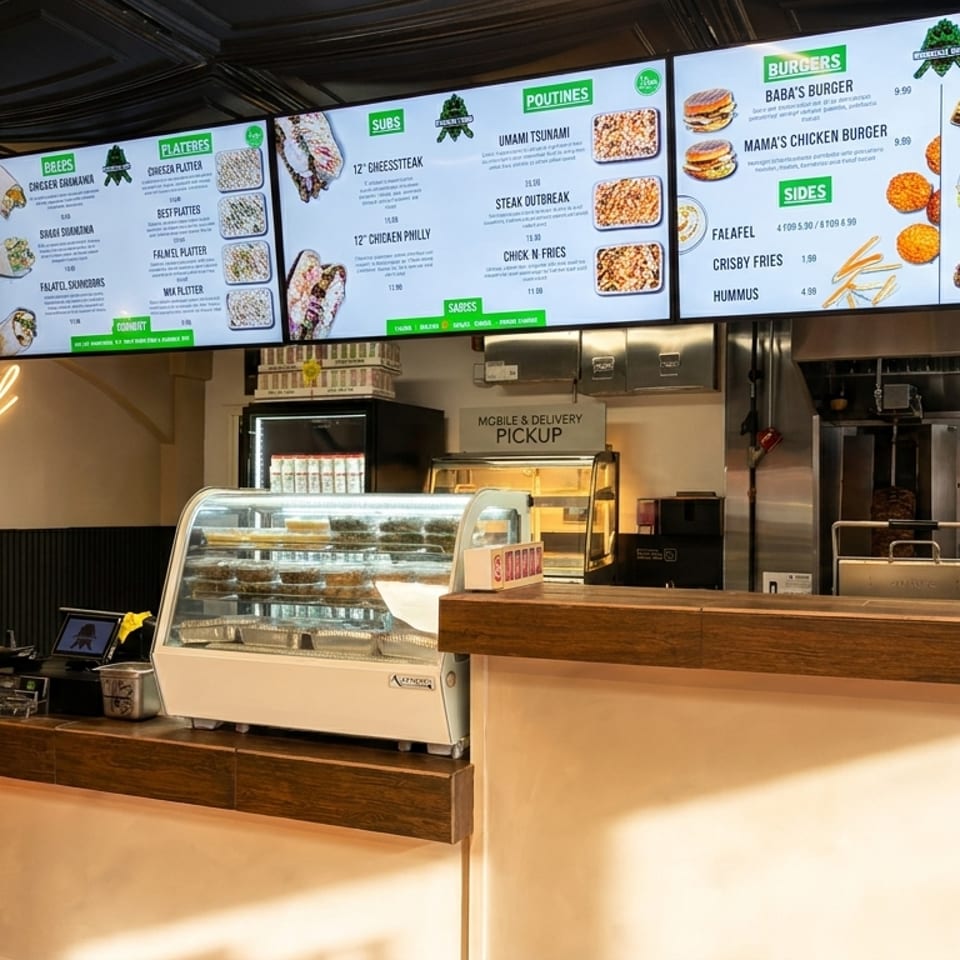 Restaurant interior with a long counter, display cases, and digital menu boards above a kitchen area.