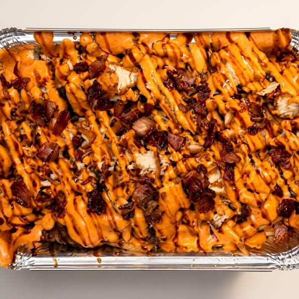 Loaded fries with chicken, bacon, and orange sauce in a foil container.