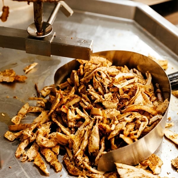 Shredded, seasoned chicken fills a metal scoop on a stainless steel surface, ready for serving.